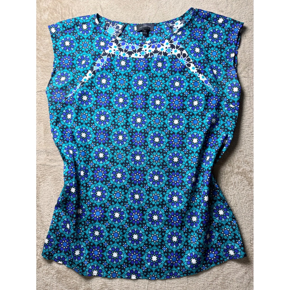 The Limited Womens XS Blue Geometric Kaleidoscope Blouse Mod Office Siren